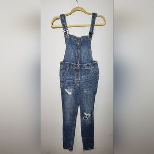 Forever 21 Distressed Zip-Front Skinny Denim Overalls - Size Small